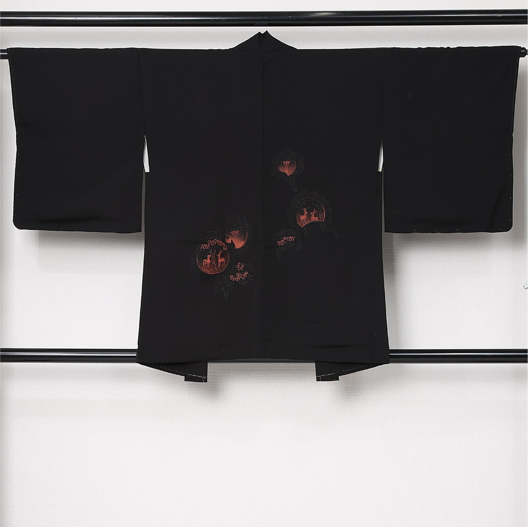 黒羽織 袷 身丈80cm 裄丈64cm 正絹 Cランク インフォーマル Mサイズ 刺繍 鹿 黒系 HP 1233-12924