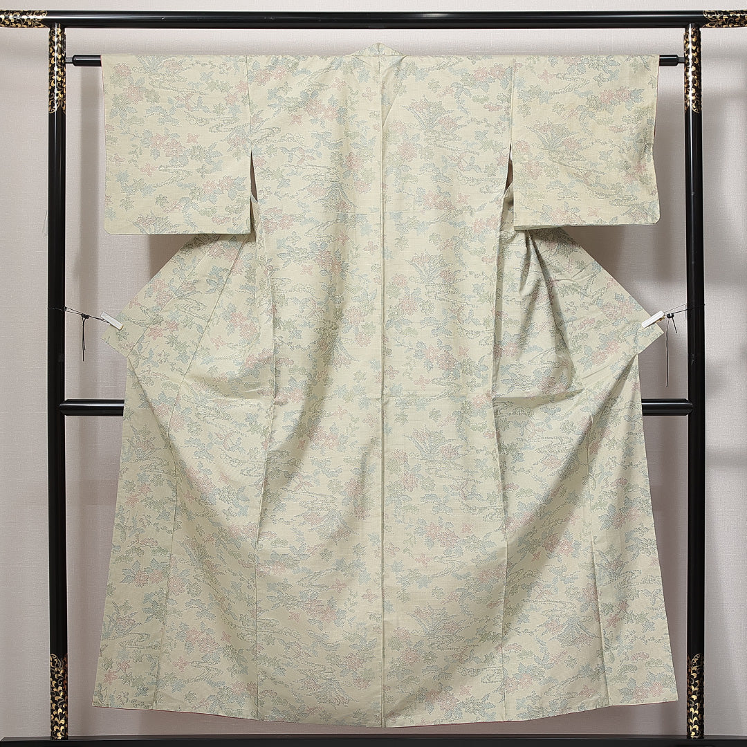 紬 袷 身丈153cm 裄丈60cm 正絹 Sランク カジュアル バチ衿 Sサイズ 椿 紅葉 クリーム系 RP 1223-14934