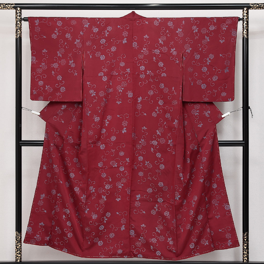 アンティーク お召 袷 身丈150cm 裄丈62cm 正絹 Aランク バチ衿 Sサイズ 唐草牡丹 赤系 RP 1222-14237