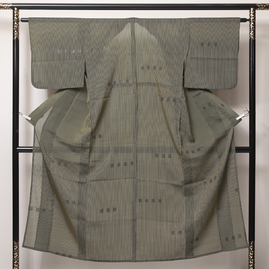 お召 夏物 夏物 身丈146cm 裄丈62cm 正絹 Aランク XSサイズ バチ衿 インフォーマル 縞 緑系 黄系 1265-02175