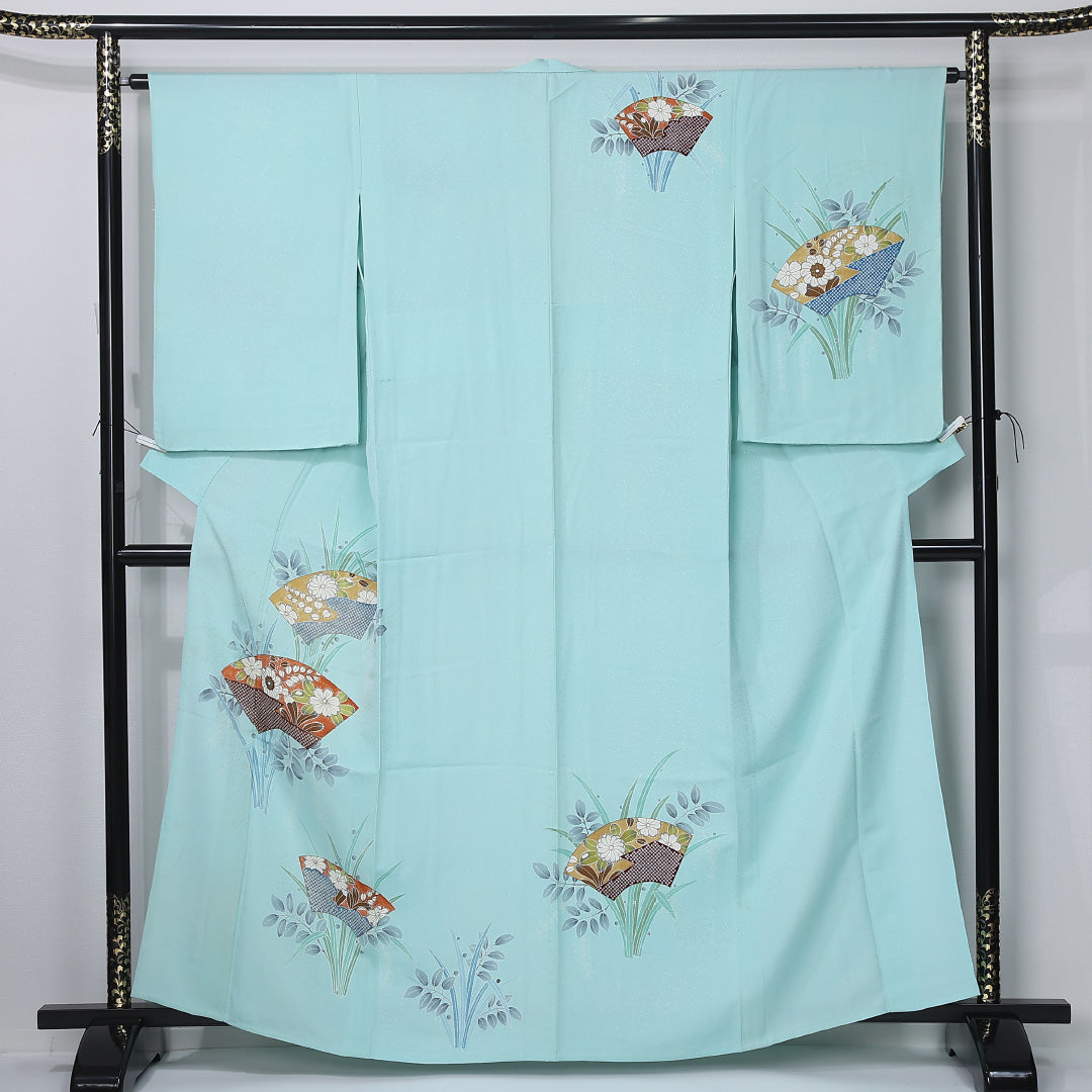 付下げ 身丈162cm 裄丈64cm Aランク L 正絹 単衣 広衿 扇 藤 インフォーマル 水色系 1261-12311