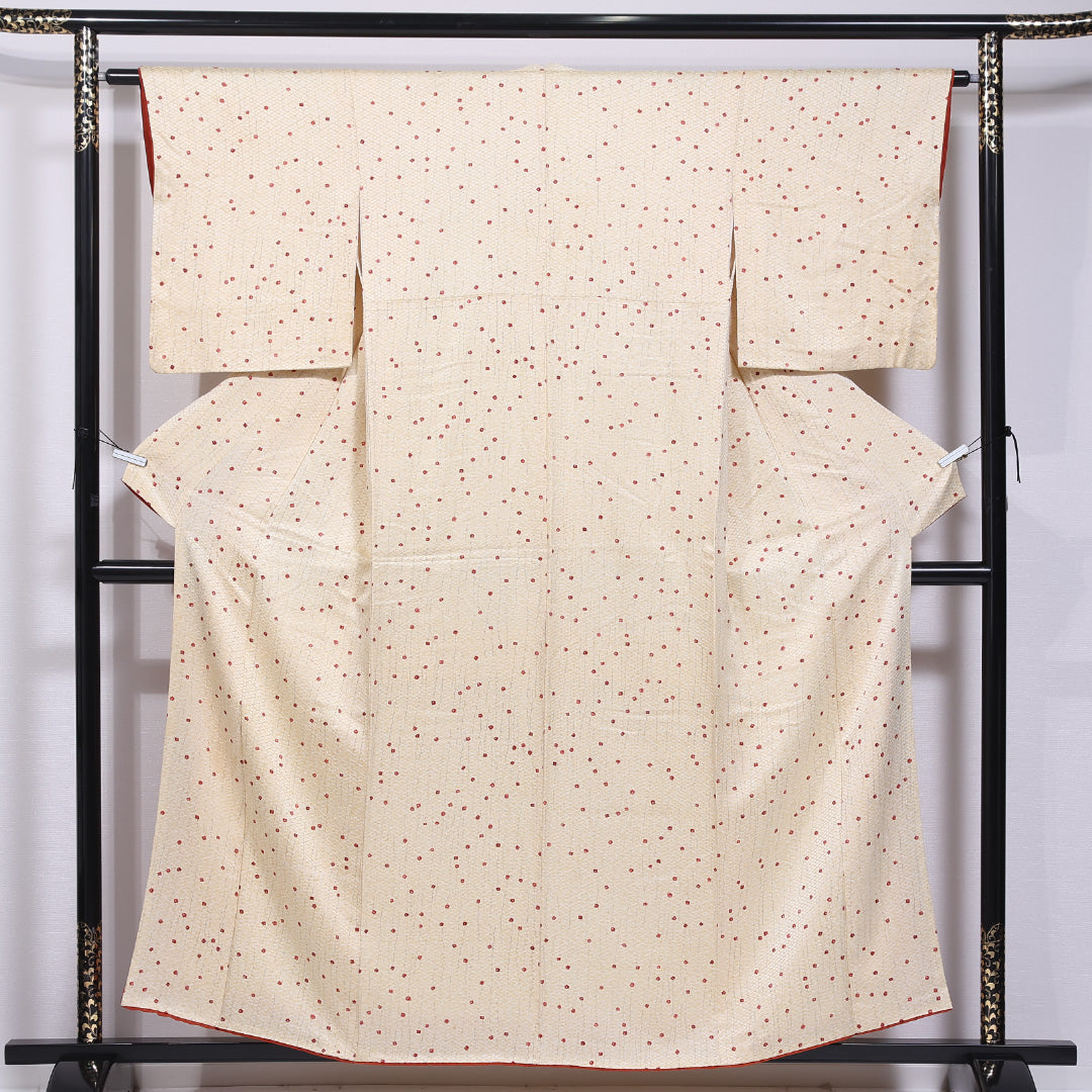 小紋 袷 身丈155cm 裄丈62cm 正絹 Aランク インフォーマル 広衿 Mサイズ 花柄 クリーム系 HP 1221-11833