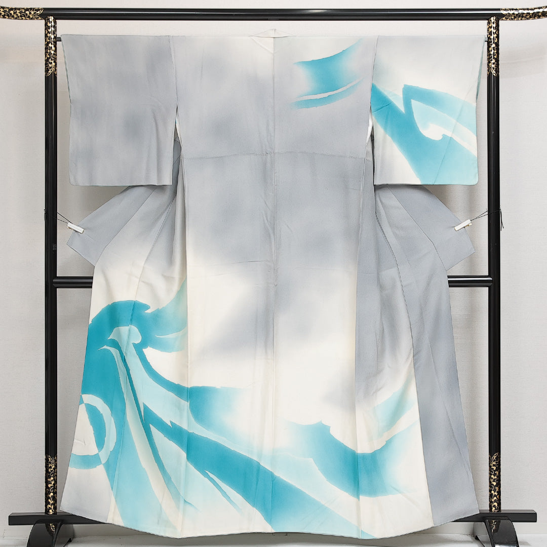 訪問着 袷 身丈157cm 裄丈63cm Aランク 正絹 広衿 Mサイズ セミフォーマル 創作柄 抽象的 遊び心 水色系 グレー系 1212-13984