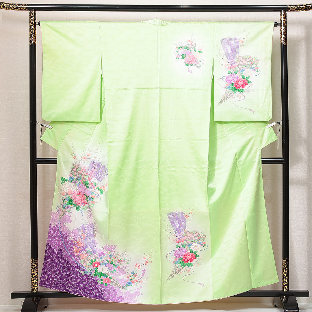 訪問着 洗える着物 袷 身丈158cm 裄丈62cm ポリエステル Bランク Mサイズ 広衿 セミフォーマル 吉祥文様 緑系 1212-14923