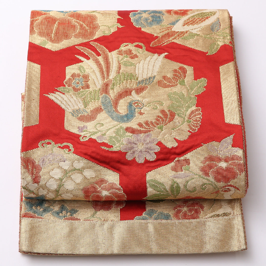アンティーク 袋帯 帯丈414cm 六通 Aランク 正絹 花喰鳥 亀甲 古典的 重厚感 金系 1223-01530