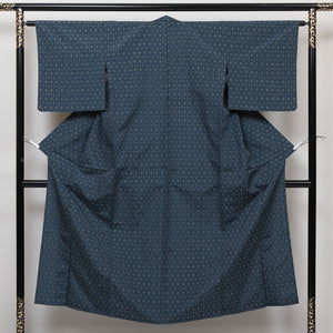 小紋 単衣 身丈148cm 裄63cm 紺系 居敷当て 洗える着物 Bランク 1215013574118