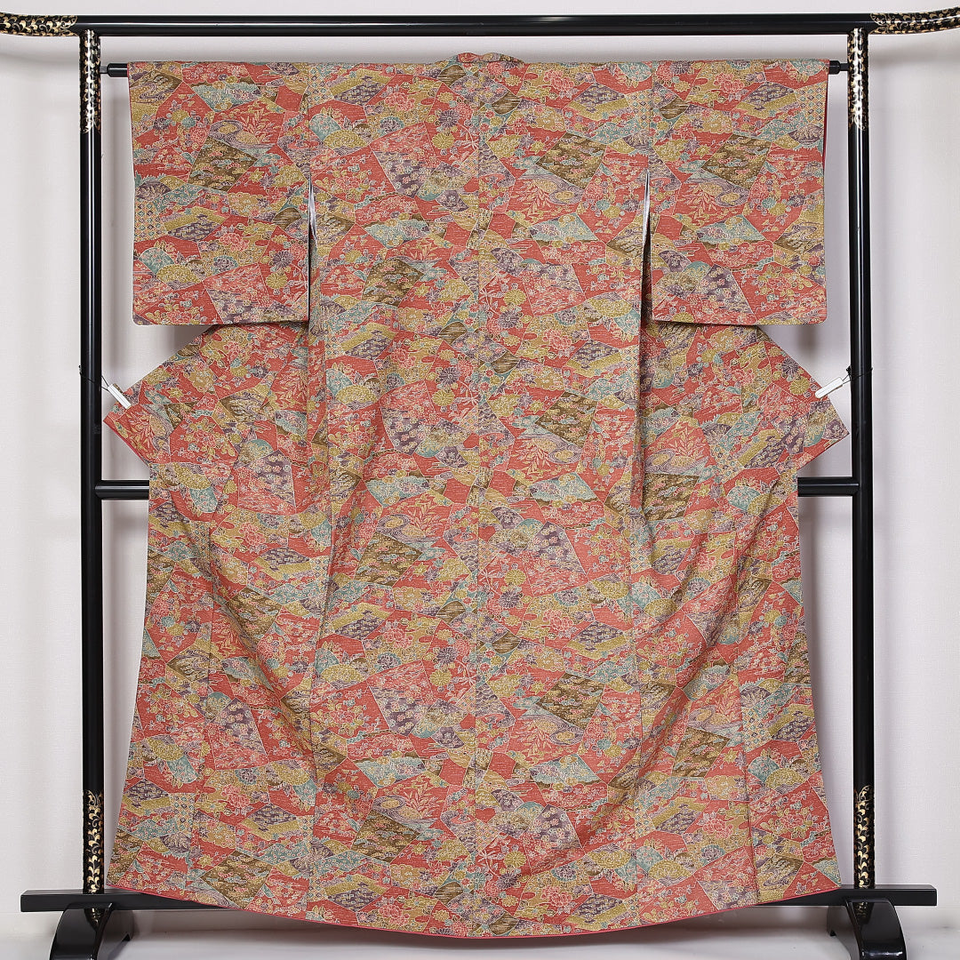 小紋 袷 身丈160cm 裄64cm 正絹 花柄 牡丹 松竹梅 赤系 Sランク 1215-02452