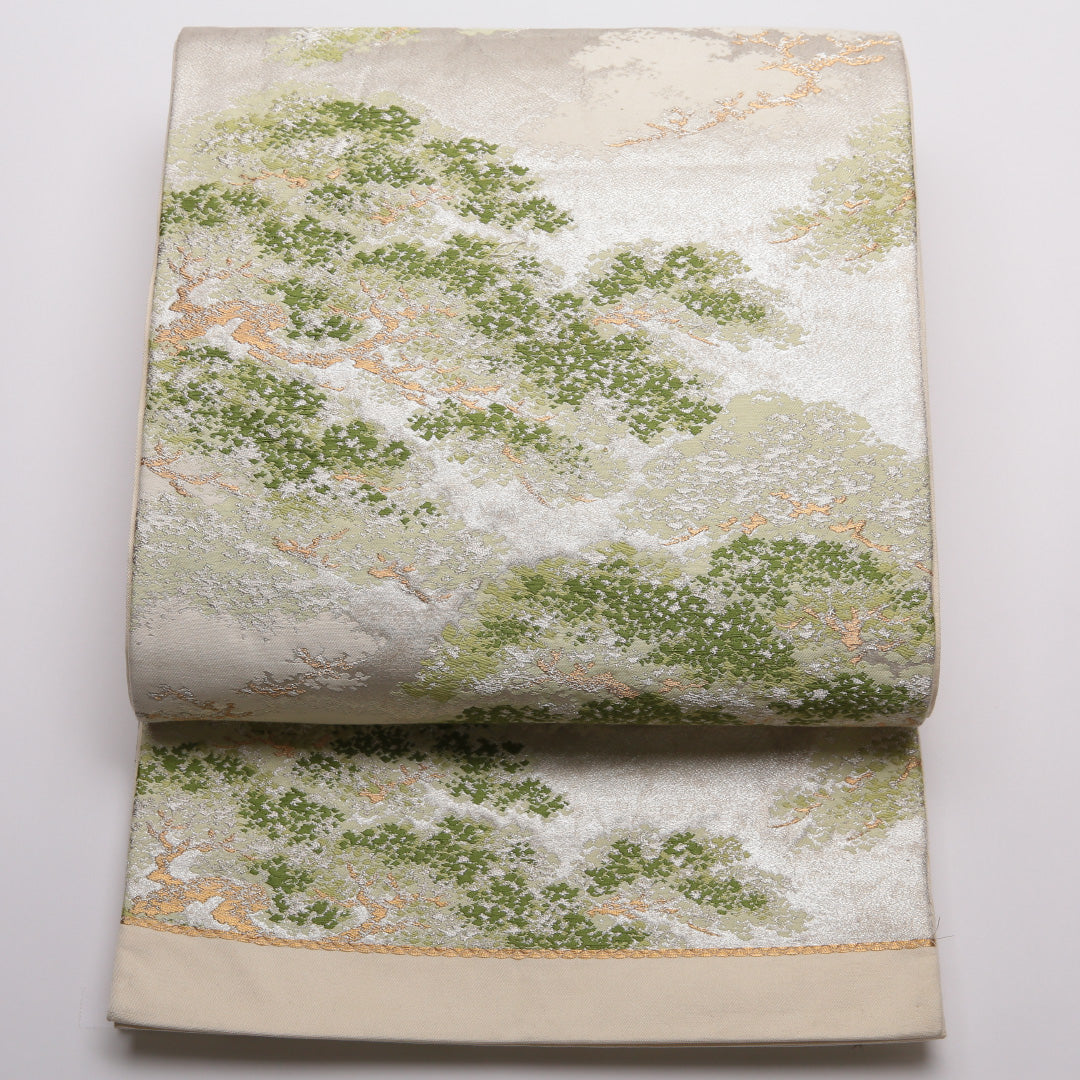 超美品1回使用】袋帯 逸品 明綴れ 金糸 六通柄 正絹 エメラルド