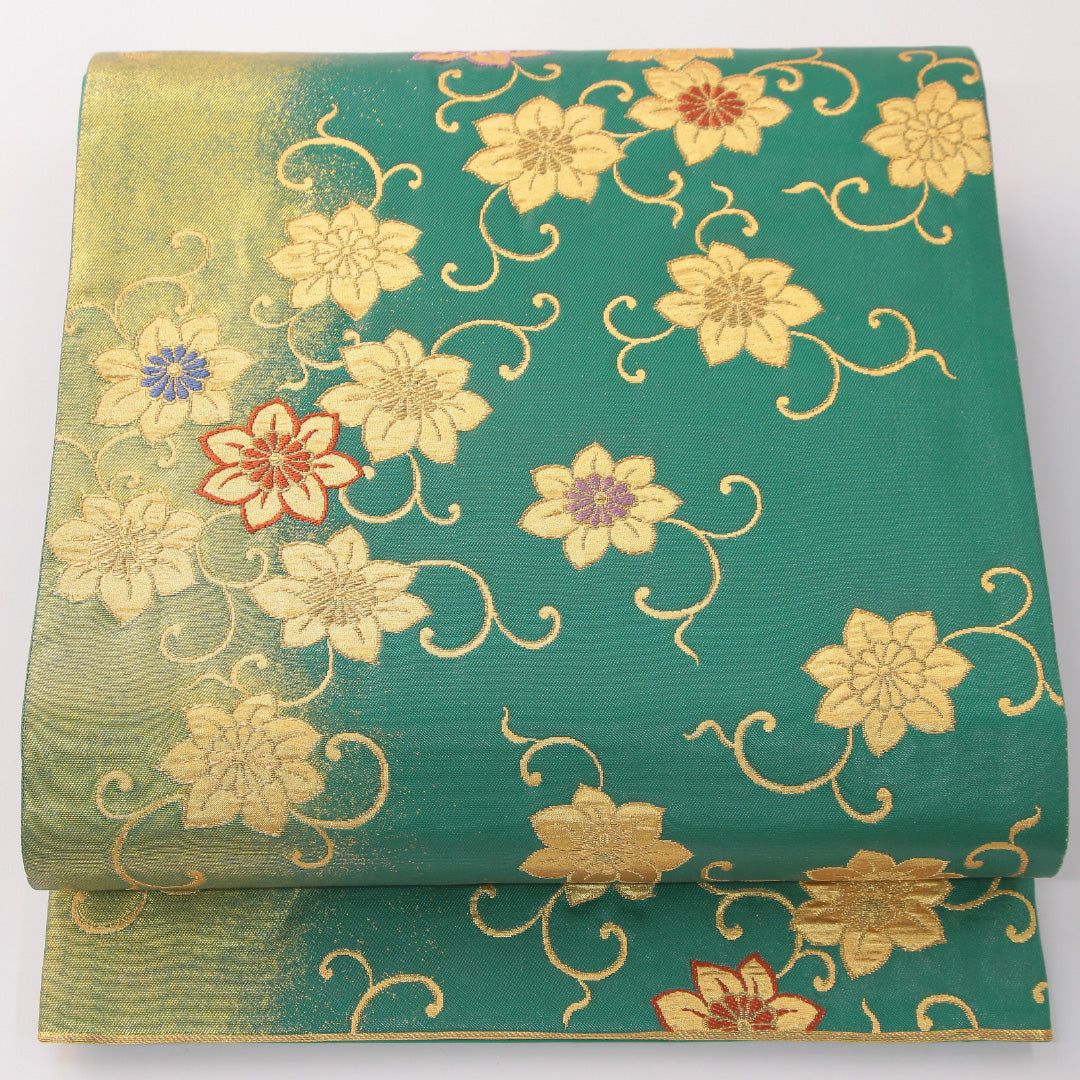 新古品 袋帯 帯丈440cm セミフォーマル 六通 Nランク 正絹 金箔 鉄線 緑系 金系 1223-02309