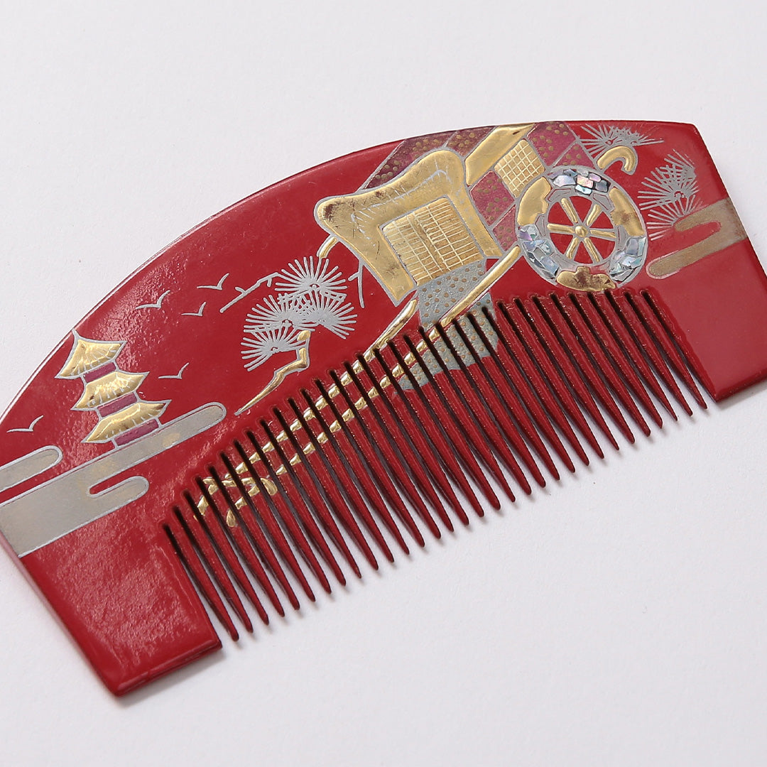 アンティーク 髪飾り Bランク 櫛 螺鈿 蒔絵 御所車 木製 和装小物 赤系 1237-00942