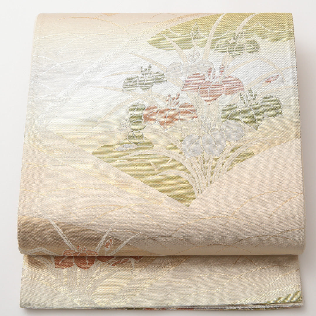 袋帯 六通 帯丈412cm フォーマル Aランク 正絹 扇 菖蒲 クリーム系 1223-01466