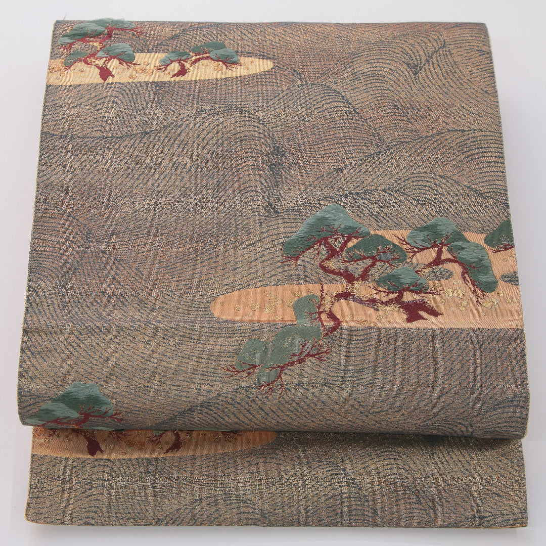 袋帯 帯丈420cm フォーマル 全通 リバーシブル 帯芯なし Dランク 正絹 鶴 菊 ベージュ系 1223-02323