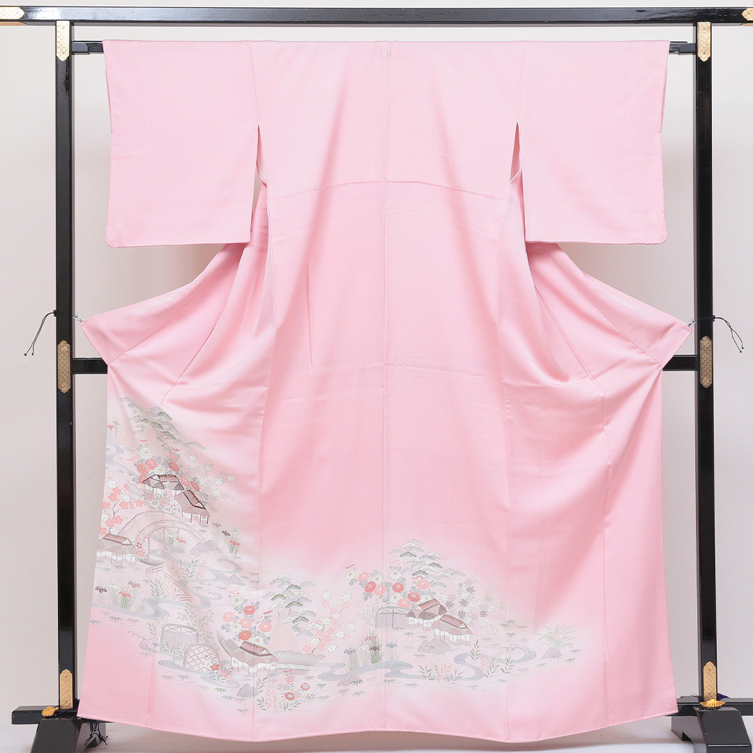 色留袖 一つ紋 五三桐 身丈163cm 裄丈66cm Sランク 正絹 袷 広衿 L 茶屋辻 セミフォーマル ピンク系 1211-F0124