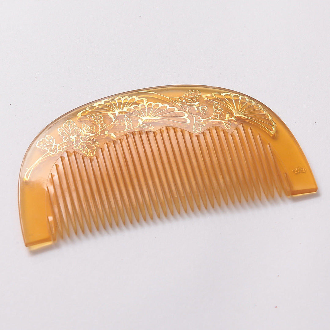 アンティーク 髪飾り Cランク 櫛 金彩 松 アクリル樹脂 和装小物 黄系 1237-00945