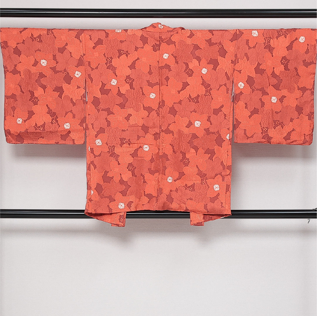 未使用品 洗える着物 羽織 袷 身丈80cm 裄丈66cm ポリエステル Nランク 紋意匠 (牡丹) カジュアル Mサイズ しつけ糸 朱系 RP 1232-13768