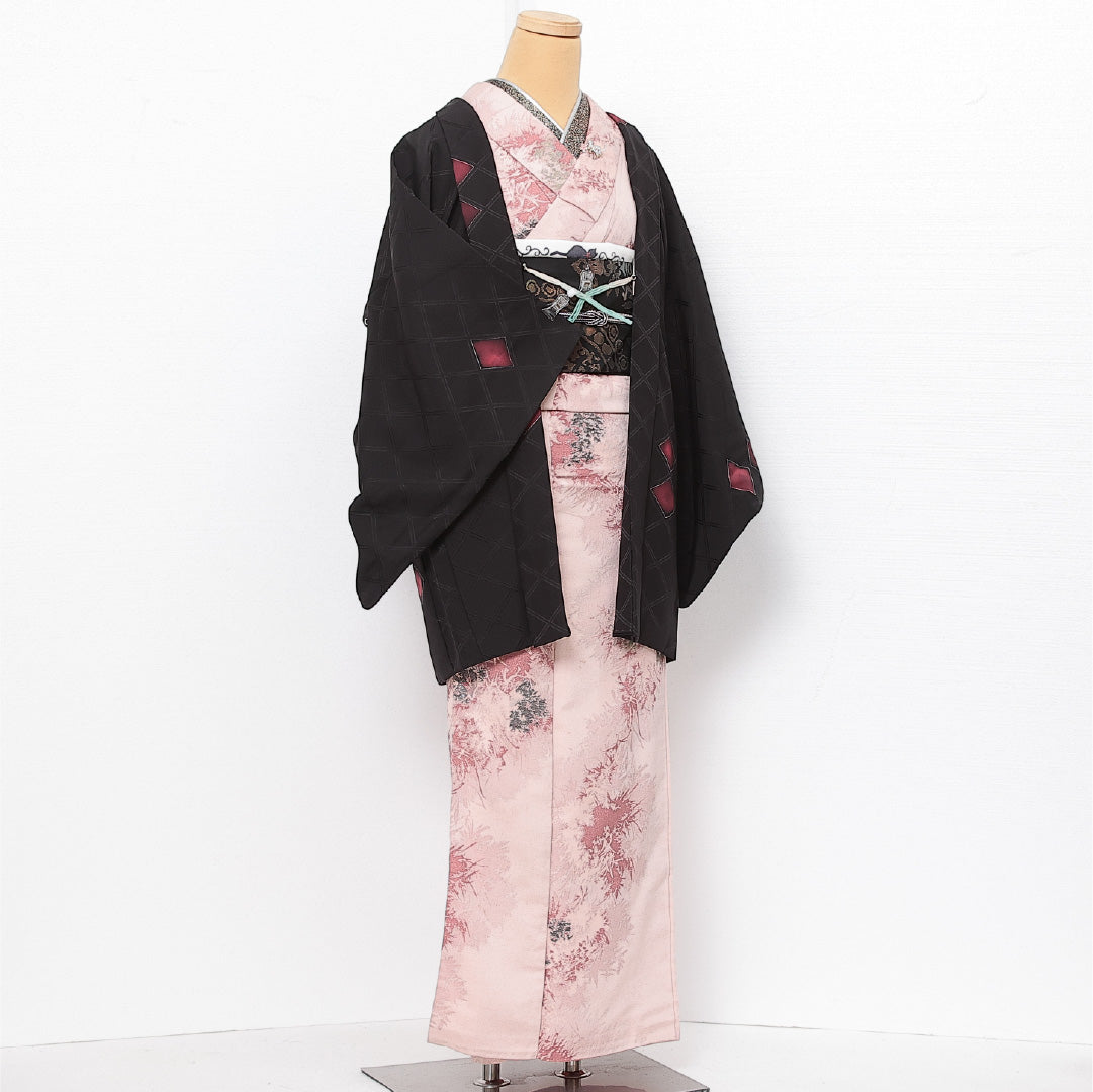 黒羽織 袷 身丈75cm 裄丈63cm 正絹 Aランク インフォーマル Sサイズ しつけ糸 菱 黒系 RP 1233-13751