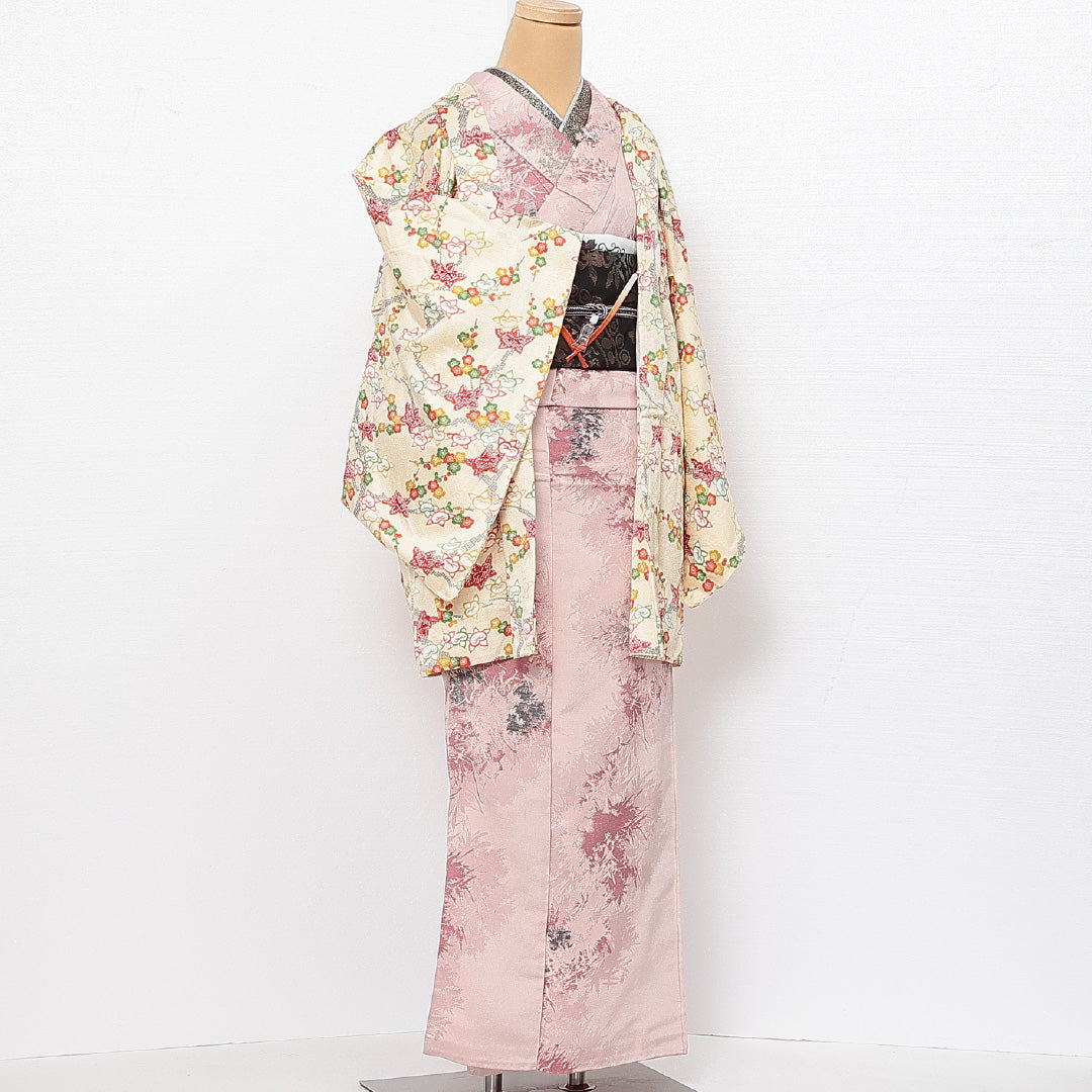 未使用品 羽織 袷 身丈83cm 裄丈64cm 正絹 Sランク カジュアル Mサイズ 紐あり しつけ糸 梅 紅葉 橘 クリーム系 RP 1232-13818