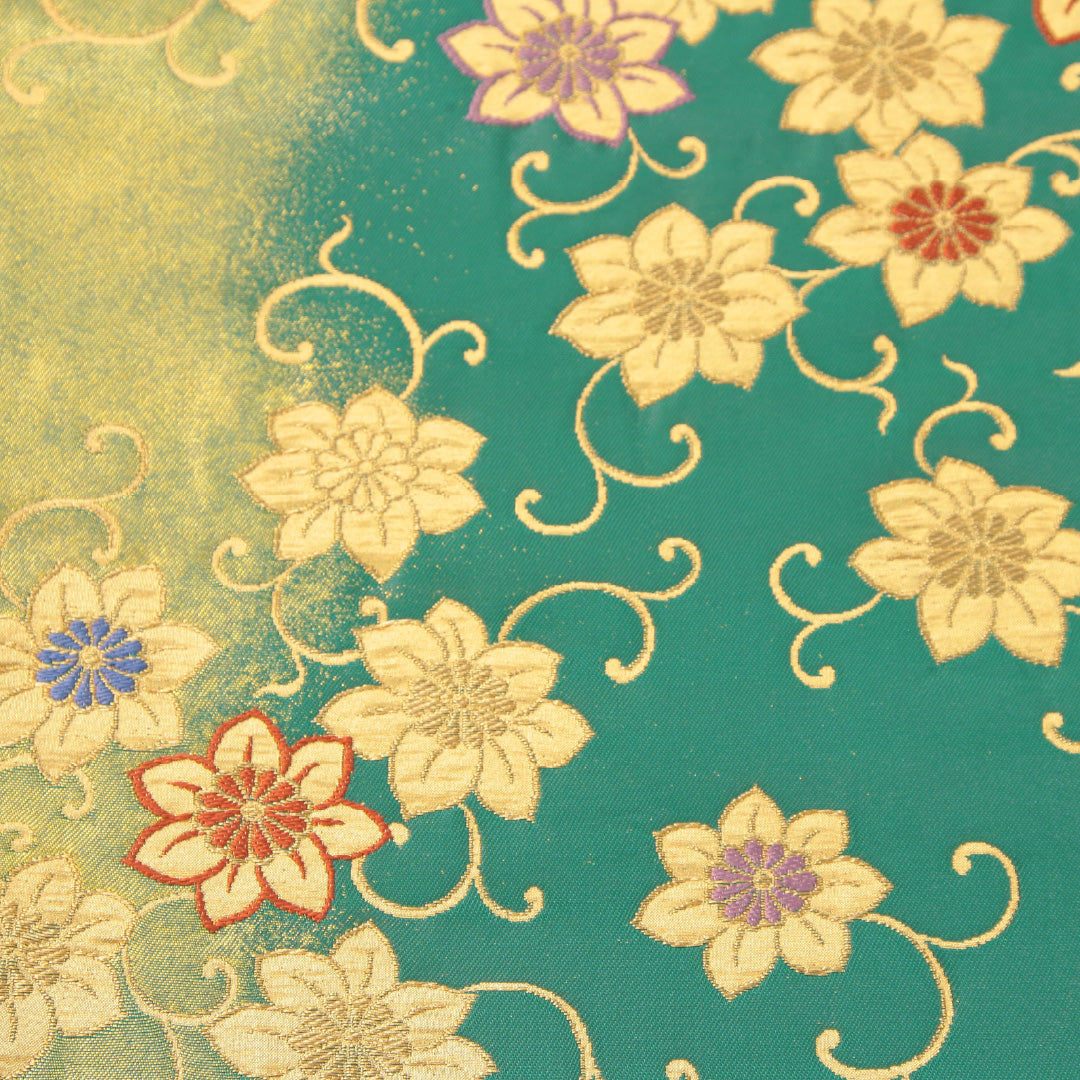 新古品 袋帯 帯丈440cm セミフォーマル 六通 Nランク 正絹 金箔 鉄線 緑系 金系 1223-02309