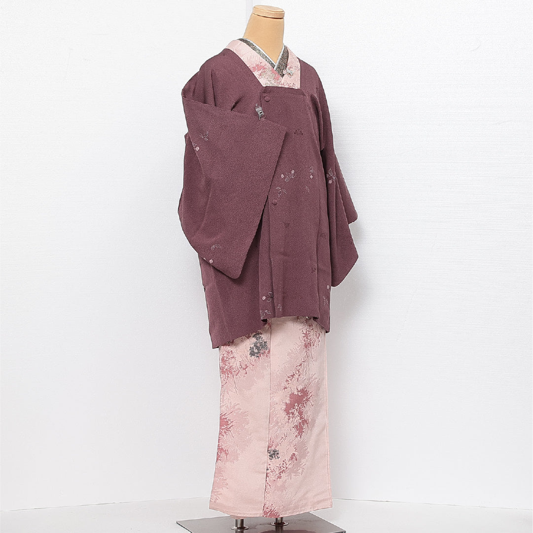 道行コート 袷 身丈86cm 裄丈62cm 正絹 Sランク セミフォーマル Sサイズ ポケットあり 花柄 紫系 RP 1237-13758