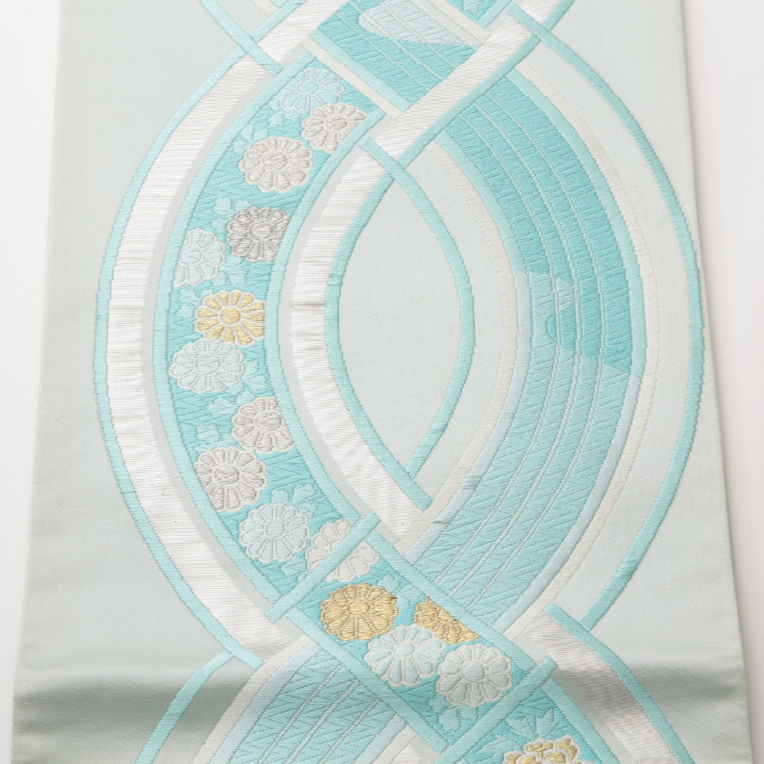 袋帯 六通 帯丈424cm 振袖帯 Aランク 正絹 菊 水色系 1223-01471