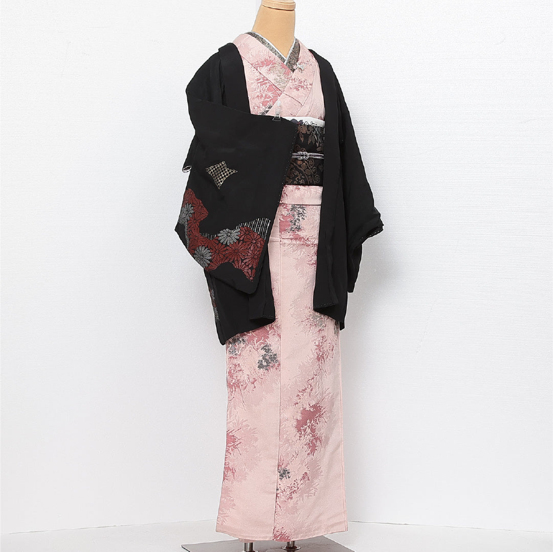 黒羽織 袷 身丈79cm 裄丈62cm 正絹 Aランク 一つ紋 (丸に片喰) セミフォーマル Sサイズ 菊 黒系 HP 1233-13786
