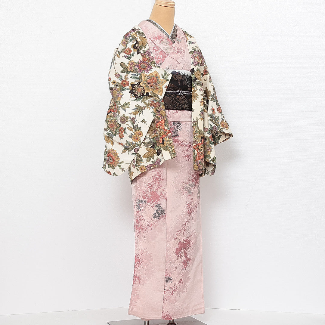 羽織 袷 身丈76cm 裄丈63cm ポリエステル 洗える着物 Cランク カジュアル Sサイズ 植物柄 モダン ボタニカル 白系 HP 1232-13797
