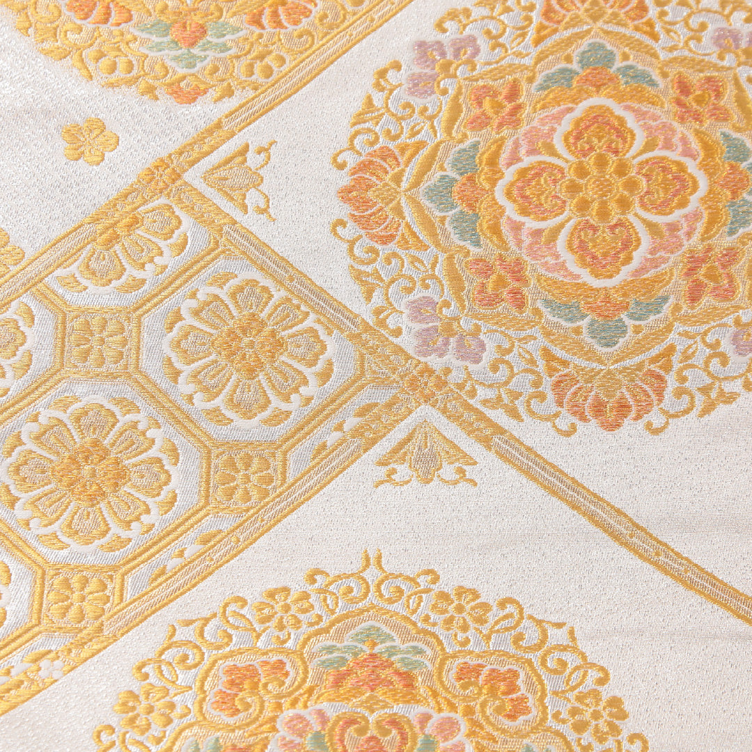 袋帯 帯丈432cm フォーマル 六通 Sランク 正絹 金箔 銀箔 宝相華 蜀江 クリーム系 銀系 1223-02293