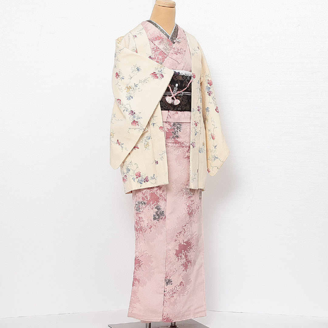 羽織 袷 身丈80cm 裄丈63cm 正絹 Sランク カジュアル Sサイズ 紐あり 花柄 クリーム系 RP 1232-13817
