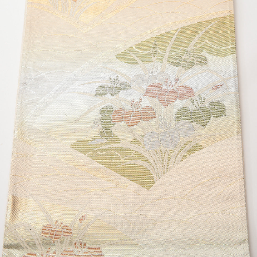 袋帯 六通 帯丈412cm フォーマル Aランク 正絹 扇 菖蒲 クリーム系 1223-01466