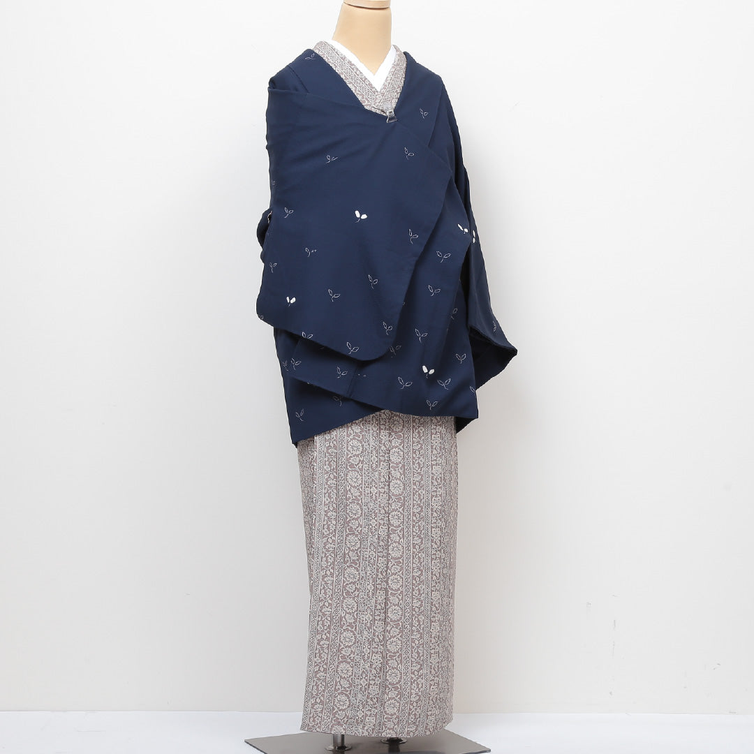 道中着 袷 身丈75cm 裄丈62cm 正絹 Bランク Sサイズ カジュアル 植物柄 青系 1264-05696