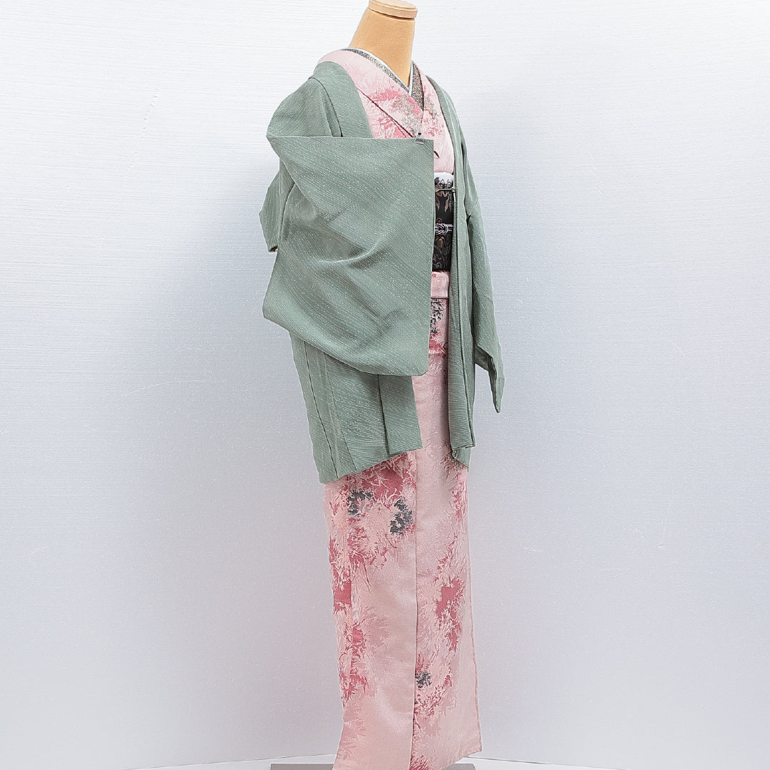 羽織 単衣 身丈78cm 裄丈62cm 正絹 Sランク カジュアル Sサイズ 紐あり 創作柄 緑系 M4 1232-16125