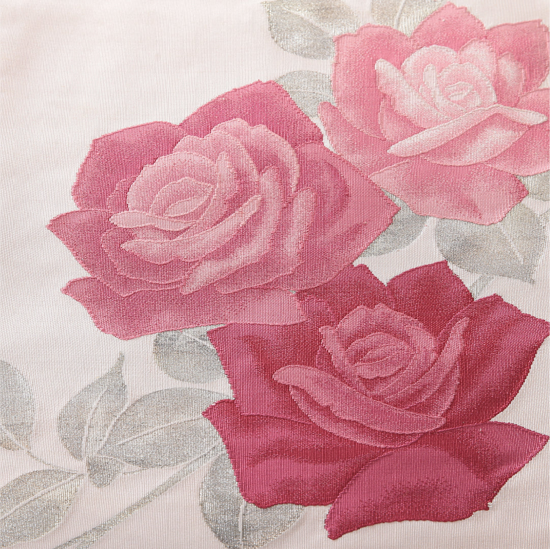 八寸名古屋帯 帯丈355cm インフォーマル 松葉仕立て ポイント柄 Cランク 正絹 綴れ織 薔薇 ピンク系 1224-03940