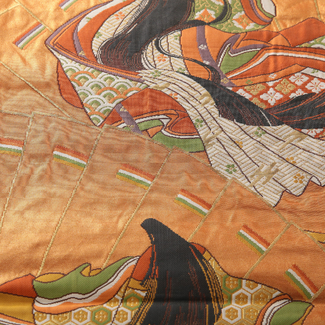 袋帯 帯丈444cm フォーマル 六通 Aランク 正絹 平安絵巻 朱系 1223-02155