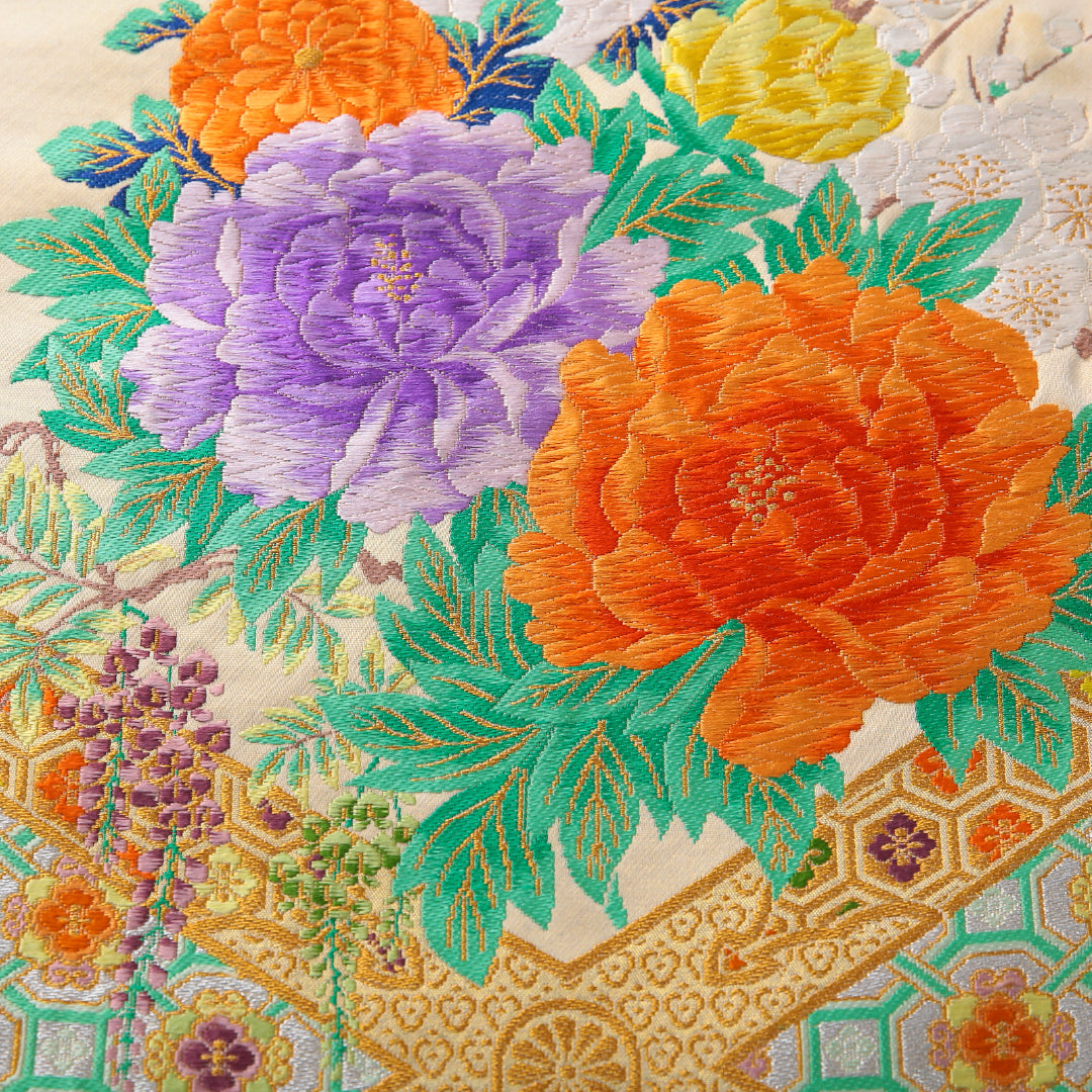 袋帯 帯丈430cm フォーマル 六通 Cランク 正絹 唐織 蜀江 牡丹 クリーム系 1223-02161