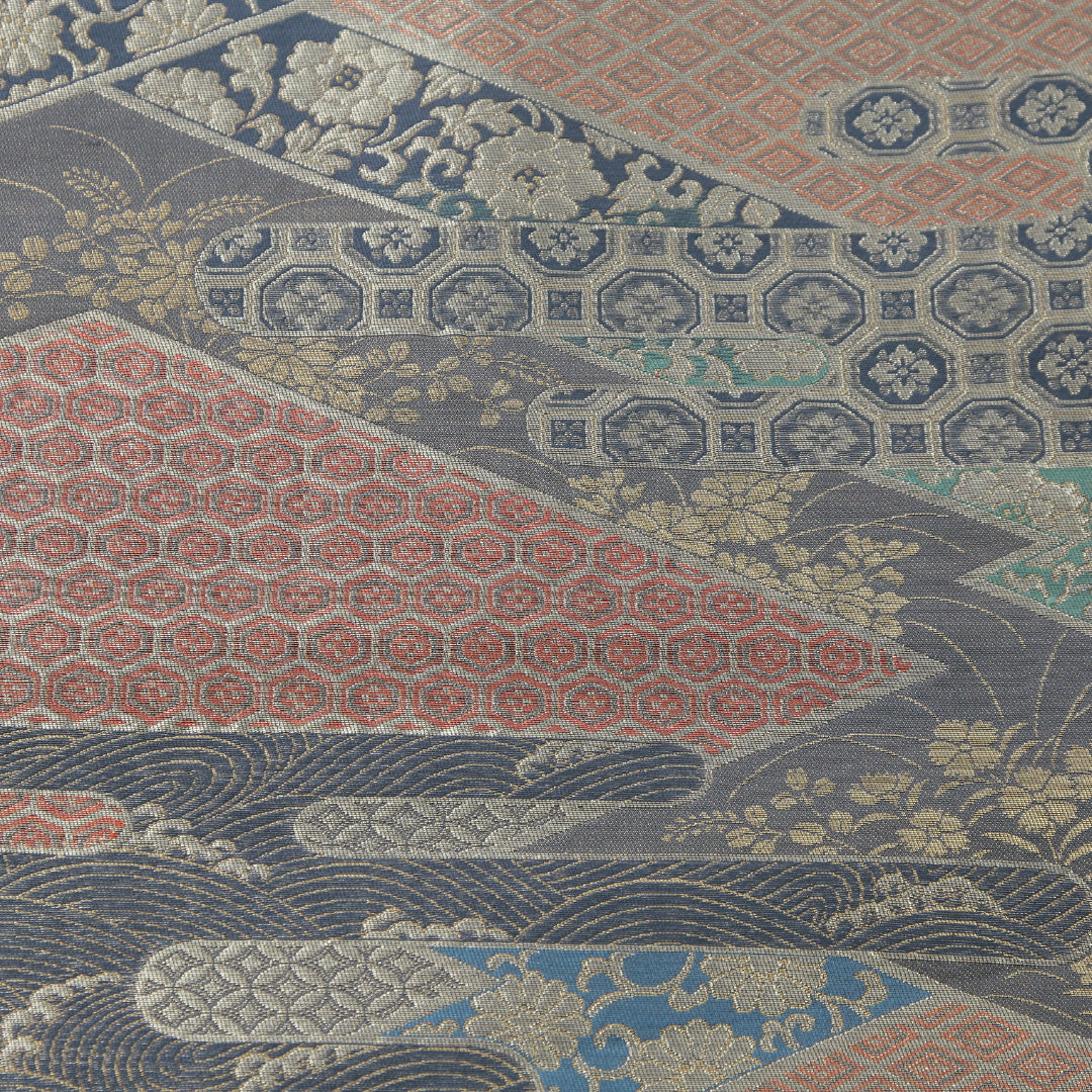 袋帯 帯丈424cm 正絹 六通 帯芯なし フォーマル 松皮菱 吉祥文様 青系 1243-02242