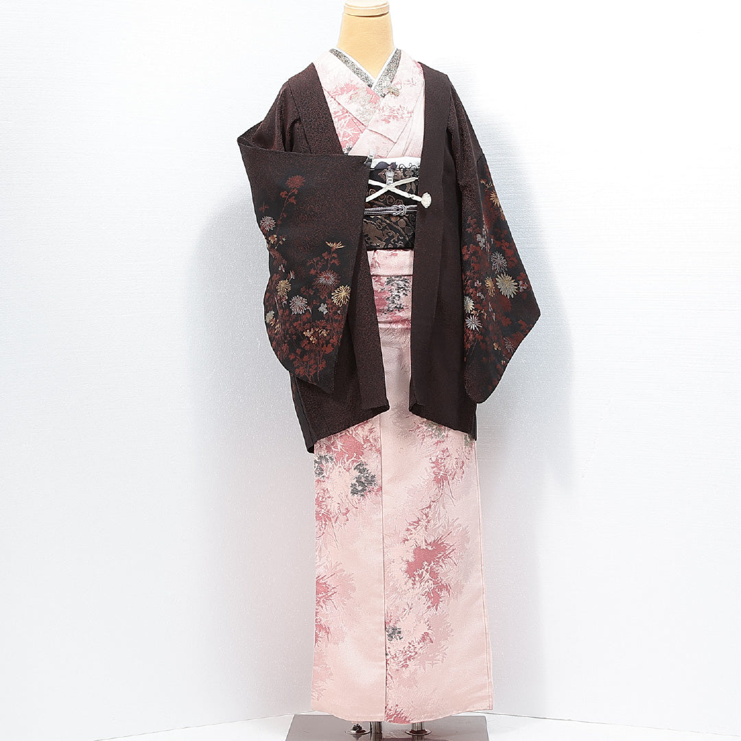 絵羽羽織 袷 身丈79cm 裄丈64cm 正絹 Sランク 一つ紋 (五三桐) セミフォーマル Mサイズ 紐あり 菊 黒系 RP 1234-14762