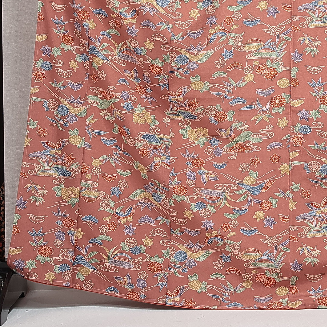 洗える着物 小紋 袷 身丈168cm 裄丈66cm ポリエステル Sランク インフォーマル 広衿 XLサイズ 型染め ガード加工 蝶 古典柄 朱系 RP 1221-14731