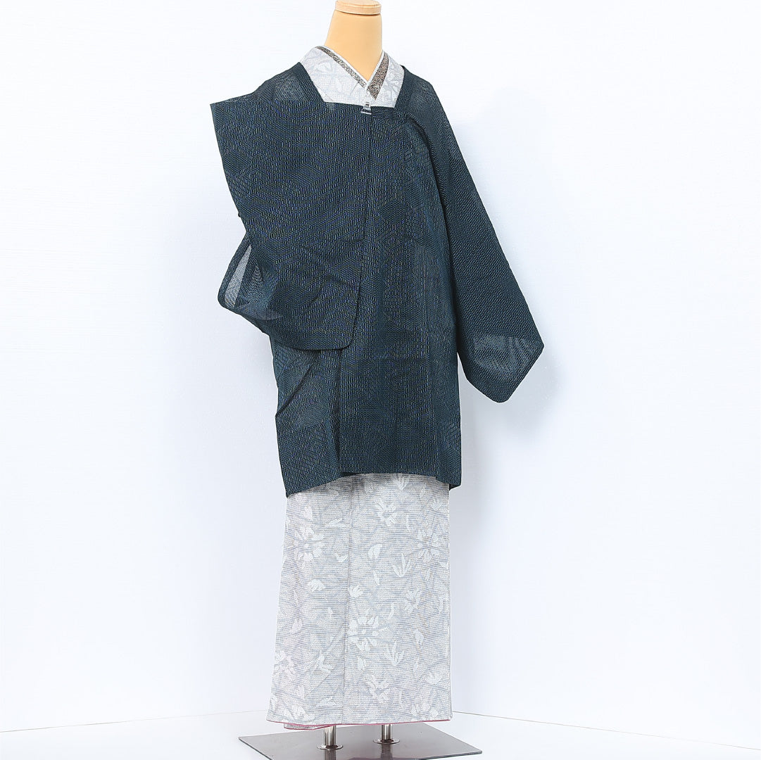 夏物 道行コート 身丈92cm 裄丈65.5cm Aランク M 正絹 夏物 菱 レース調 フォーマル 緑系 1263-12100