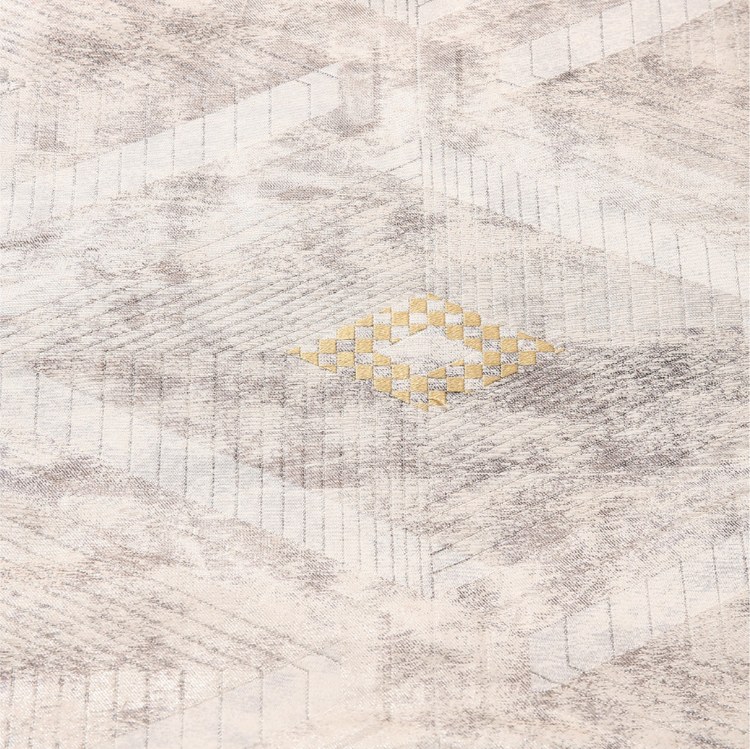 九寸名古屋帯 帯丈356cm セミフォーマル 開き仕立て ポイント柄 Sランク 正絹 銀箔 菱 白系 銀系 1224-03143