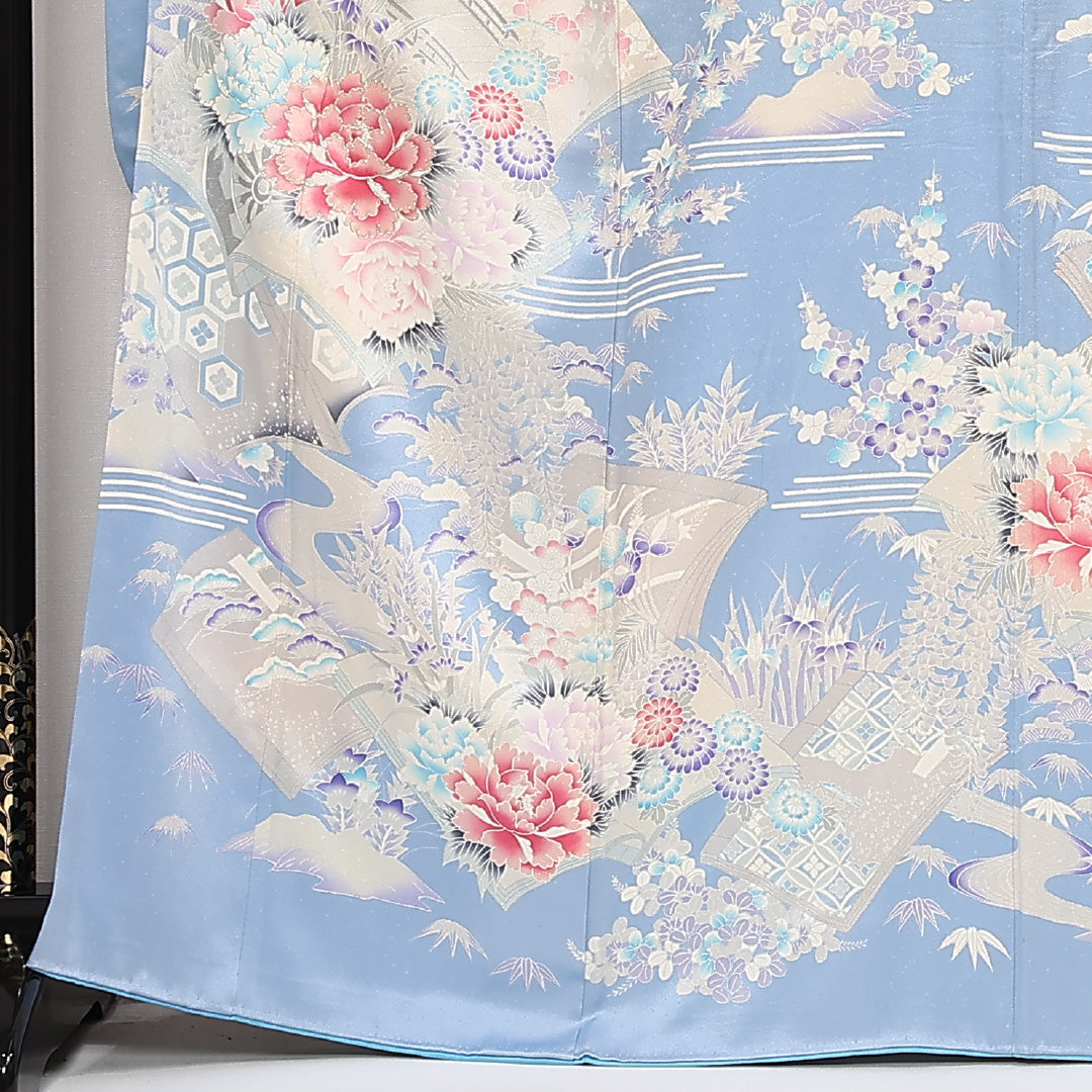 振袖 身丈165cm 裄丈66.5cm Aランク 正絹 袷 広衿 XL 銀駒刺繍 吉祥文様 牡丹 フォーマル 古典的 爽やか 水色系 1213-F0568