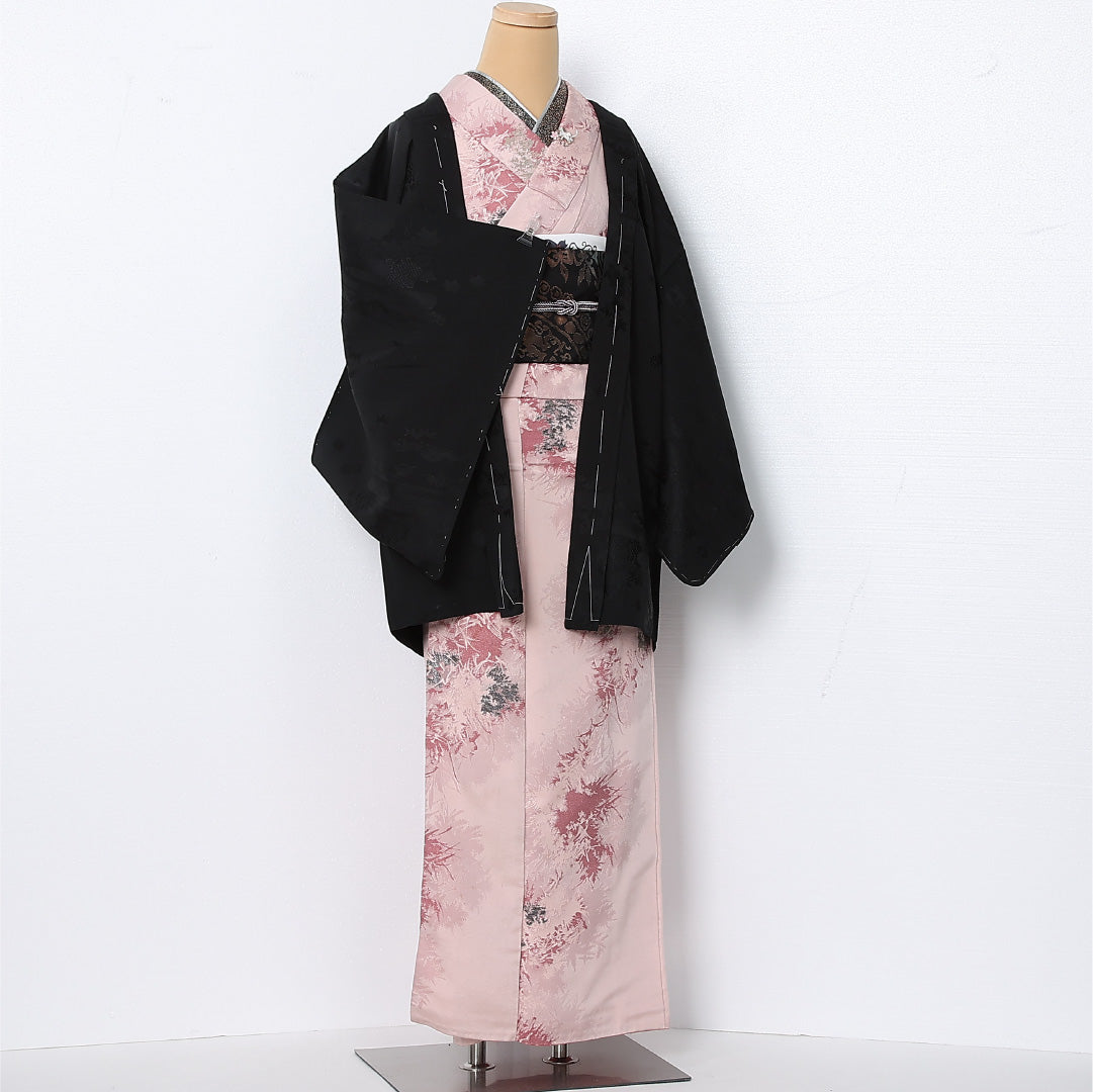 黒羽織 袷 身丈81cm 裄丈66cm 正絹 Sランク 一つ紋 (五三桐) セミフォーマル Mサイズ 吉祥文様 黒系 RP 1233-12840