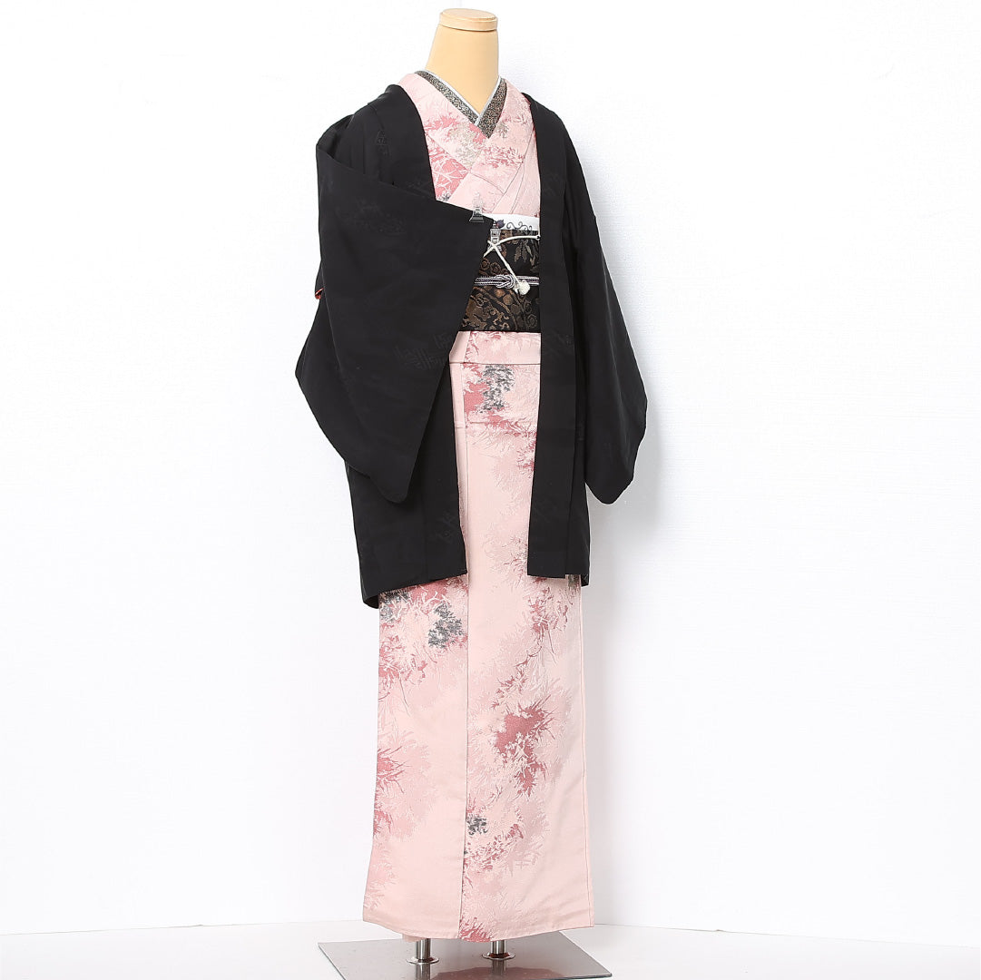黒羽織 袷 身丈82cm 裄丈61cm 正絹 Cランク 一つ紋 (五三桐) セミフォーマル Sサイズ 紐あり 紗綾型 黒系 LP 1233-12755