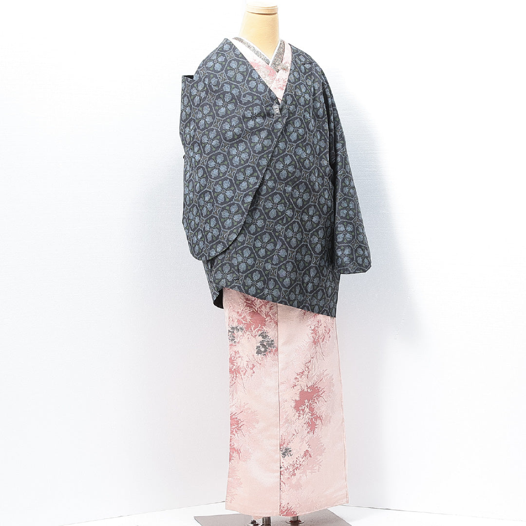 道中着 袷 身丈79cm 裄丈66cm 正絹 Sランク カジュアル Mサイズ 蜀江 花菱 紺系 RP 1236-14663