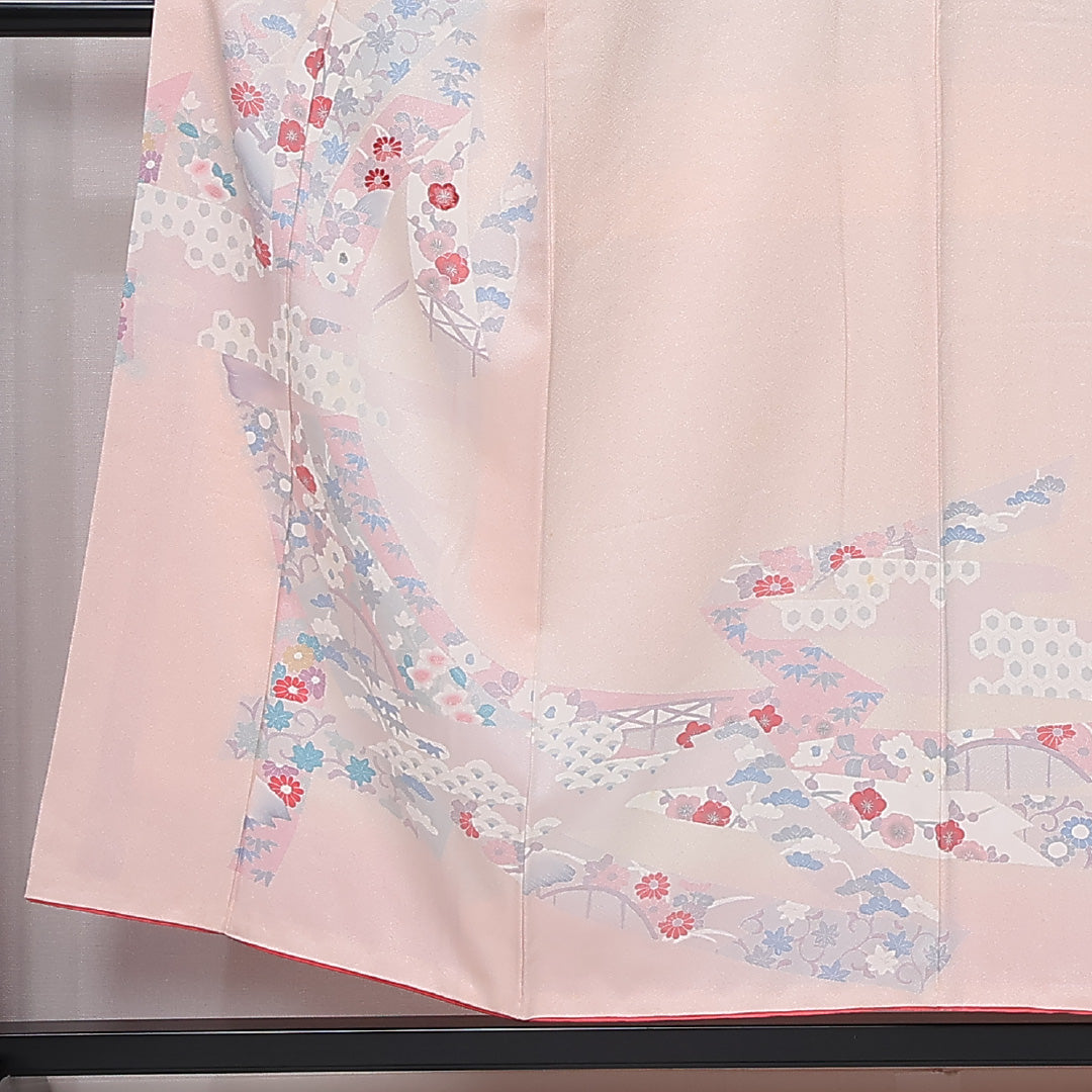 訪問着 身丈152cm 裄丈63cm Bランク S 正絹 袷 広衿 青海波 紅葉 松 光悦垣 セミフォーマル ピンク系 1212-12026