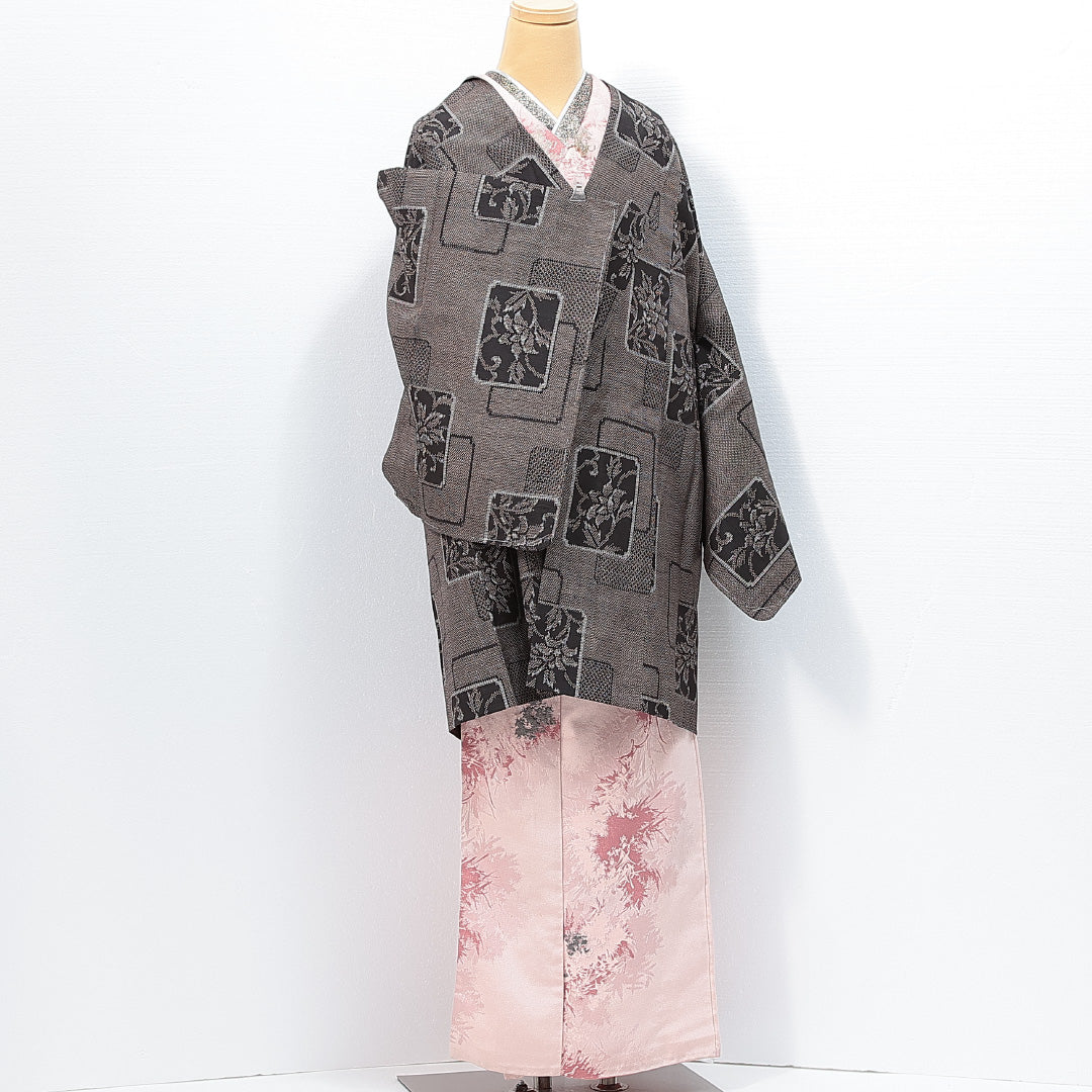 道中着 袷 身丈86cm 裄丈66cm 正絹 Sランク Mサイズ カジュアル 唐華 色紙 グレー系 1264-14807