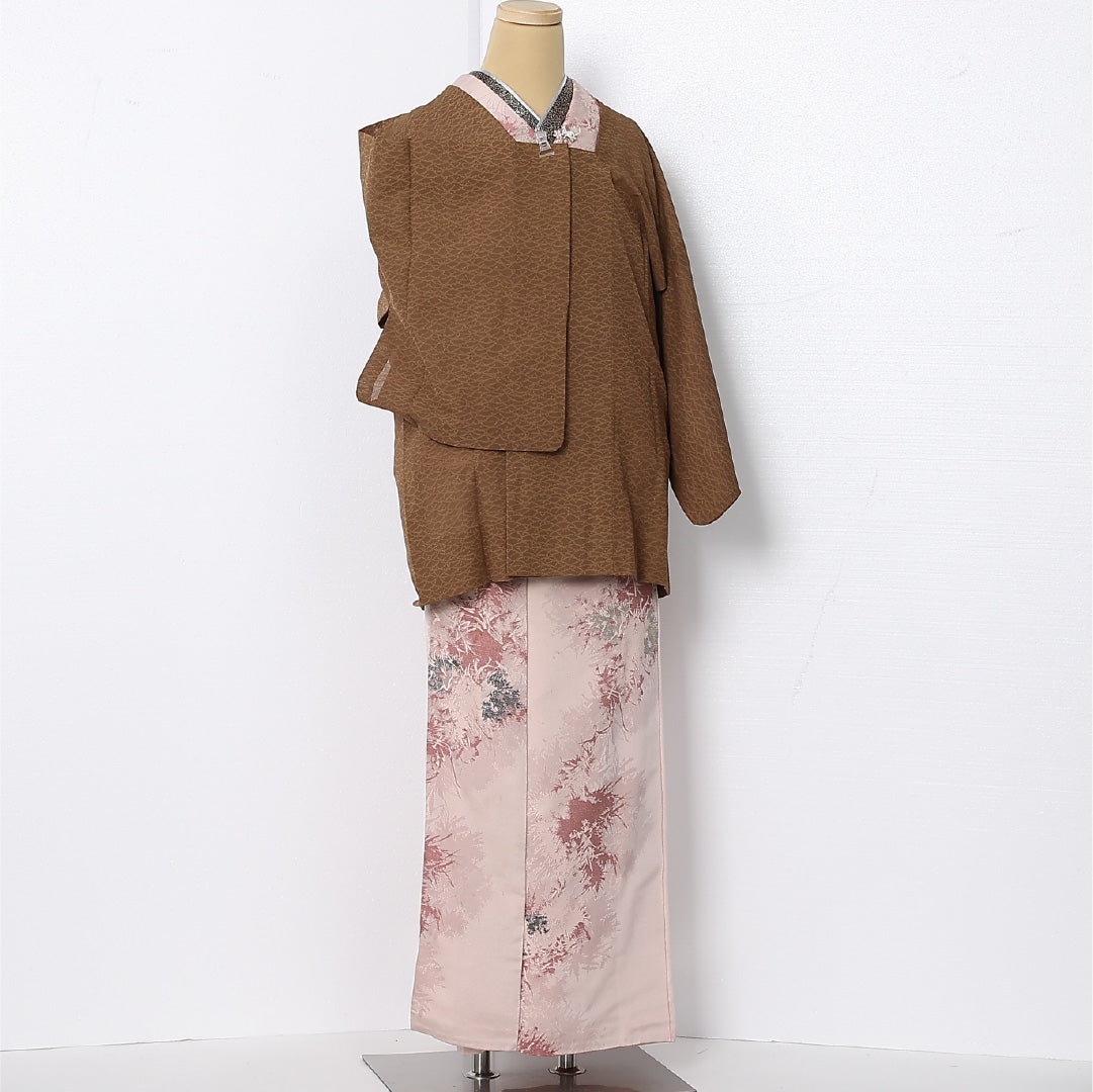夏物 道行コート 紗 身丈79cm 裄丈61cm 正絹 Cランク セミフォーマル Sサイズ ポケットあり 芝草 茶系 RP 1237-12886