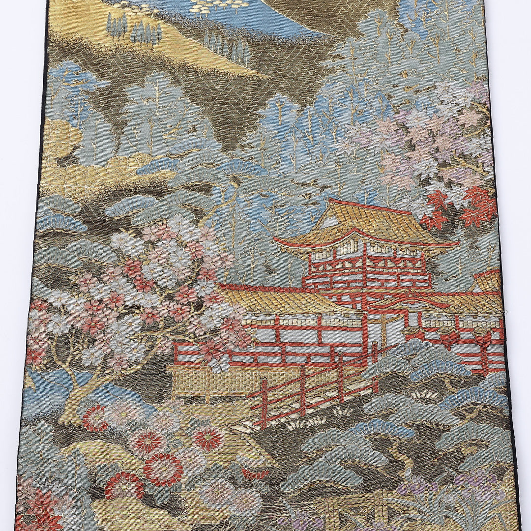 袋帯 帯丈436cm 六通 春日大社東西御廊 寺社仏閣 笠松 桜 紅葉 フォーマル 緑系 正絹 Sランク 1223-00957