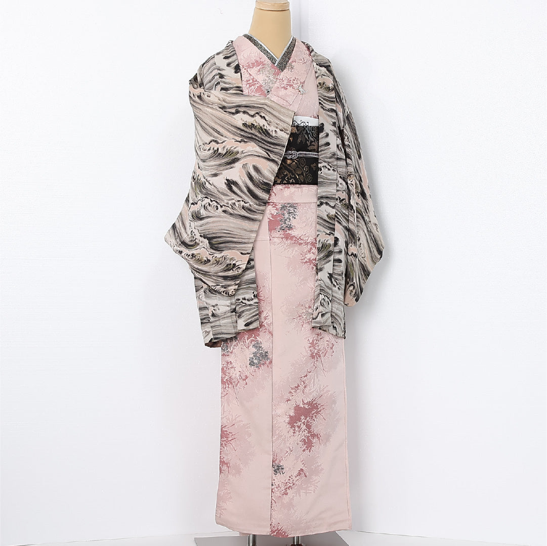 アンティーク 羽織 袷 身丈85cm 裄丈62cm 正絹 Aランク Sサイズ 波 グレー系 M4 1232-12550