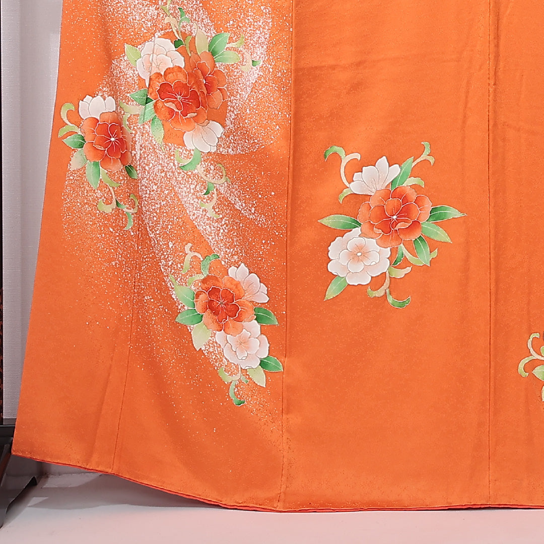 付下げ 身丈162cm 裄丈66.5cm Aランク L 正絹 袷 広衿 刺繍 牡丹 インフォーマル 朱系 1261-12439