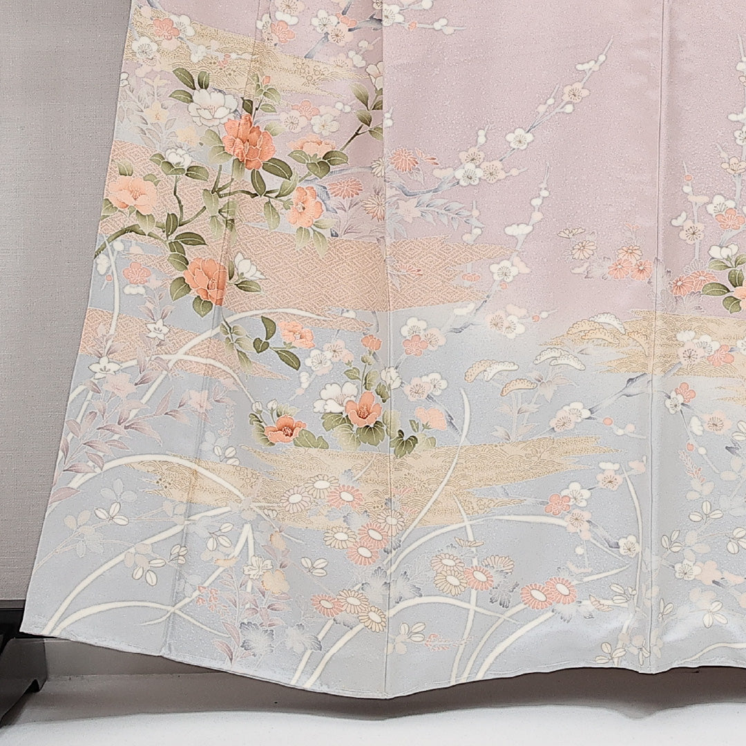 訪問着 袷 身丈160cm 裄丈67cm Sランク 正絹 広衿 Lサイズ 一つ紋（向かい蝶） セミフォーマル 蘇州刺繍 金彩 吉祥文様 上品 華やか ピンク系 紫系 1212-14247